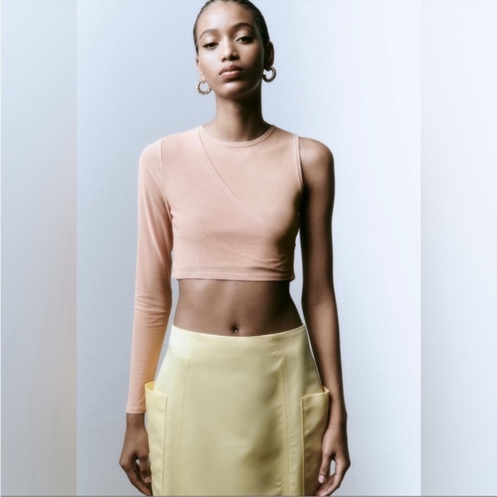ZARA Asymmetrical Knit Tulle Top Sz S Cropped Blush Pink Feminine Crop Top